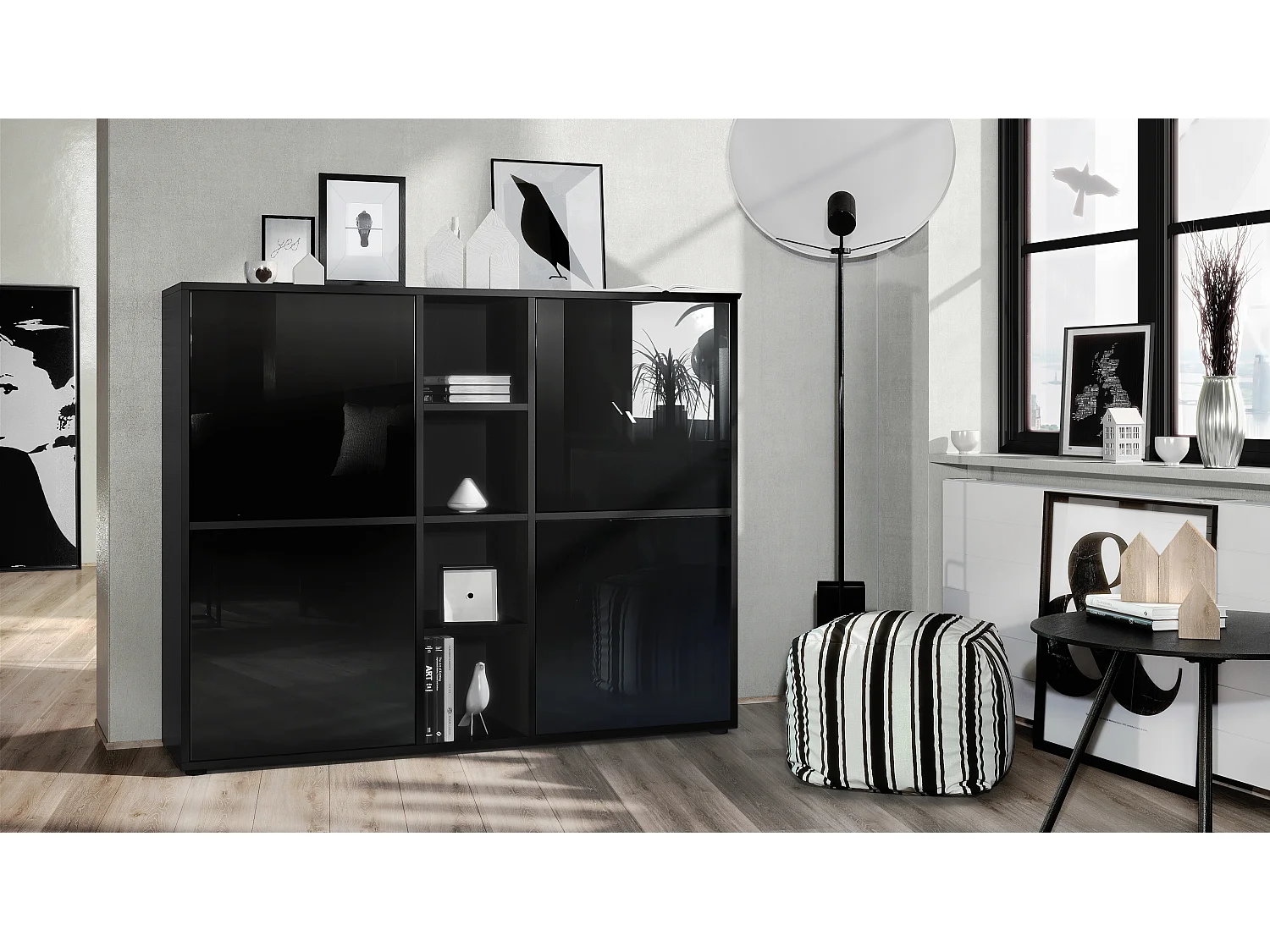 Vladon Credenza Cuba V3, nero opaco/nero lucido - Credenza moderna con 12 scomparti (130,5 x 105,5 x 35,5 cm)