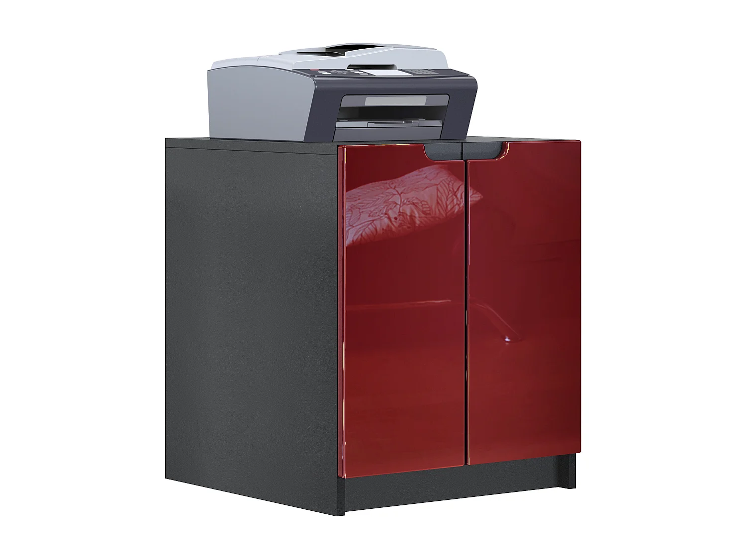 commode d'imprimante Logan, armoire à dossiers avec 2 compartiments et 2 portes, corps noir mat, façades bordeaux haute brillance, (51 x 60,5 x 54 cm)