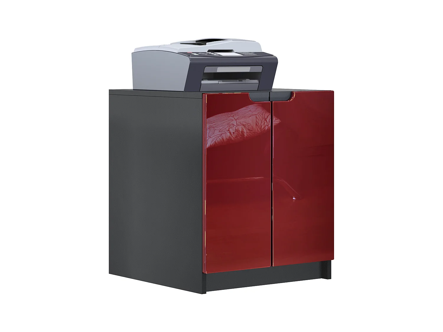 commode d'imprimante Logan, armoire à dossiers avec 2 compartiments et 2 portes, corps noir mat, façades bordeaux haute brillance, (51 x 60,5 x 54 cm)