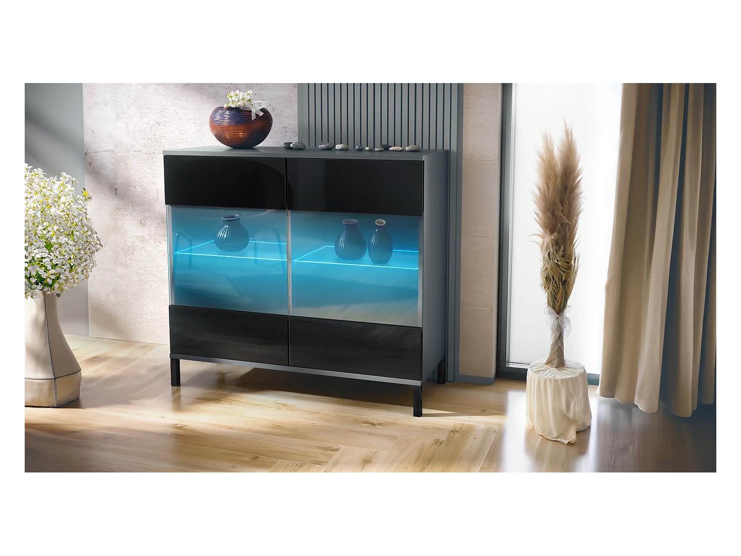 Commode Bari V3, Armoire de cuisine moderne avec 2 grandes portes vitrées incl. éclairage RGB anthracite mat / noir haute brillance (92,5 x 83.5 x 35)