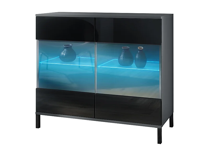 Commode Bari V3, Armoire de cuisine moderne avec 2 grandes portes vitrées incl. éclairage RGB anthracite mat / noir haute brillance (92,5 x 83.5 x 35)
