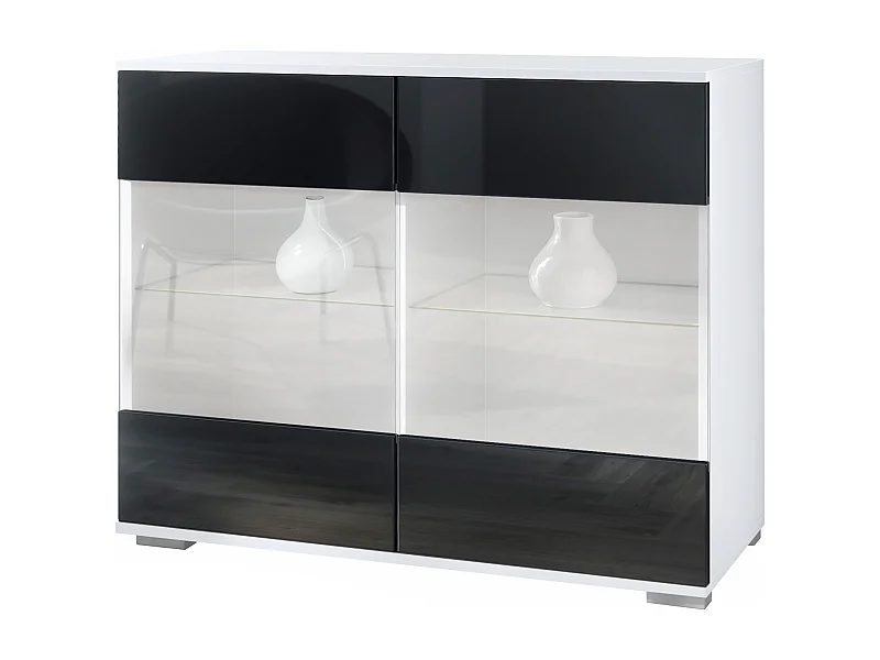 Commode Bari V3, Armoire de cuisine moderne avec 2 grandes portes vitrées blanc mat / noir haute brillance (92,5 x 75.5 x 35)