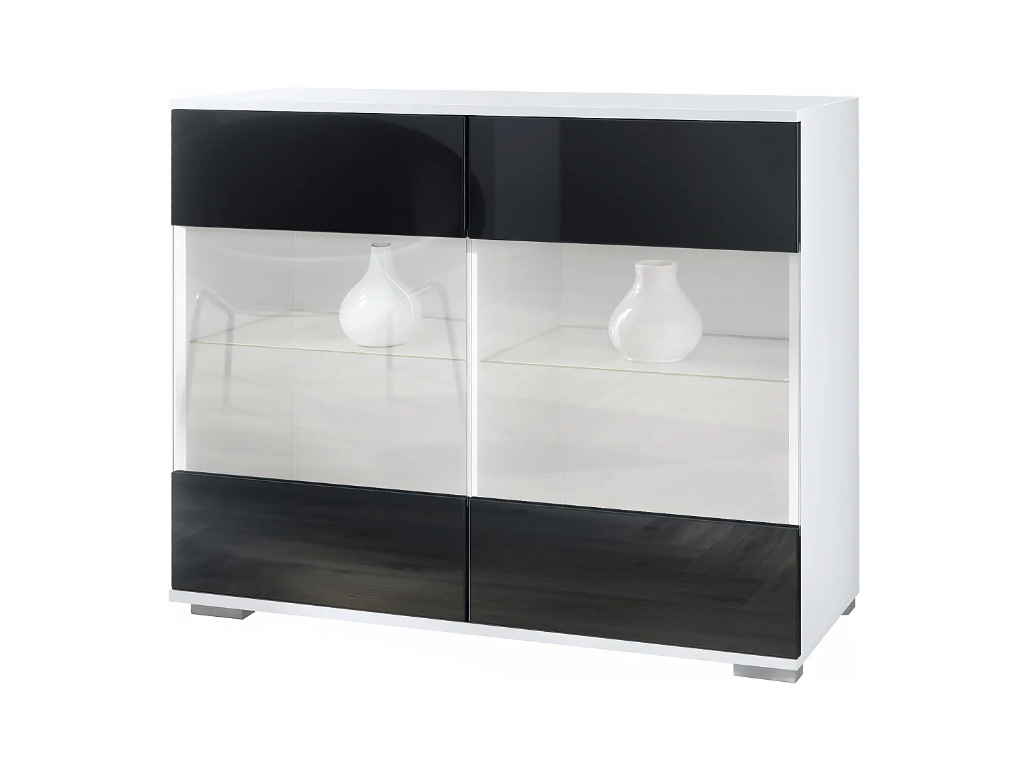 Commode Bari V3, Armoire de cuisine moderne avec 2 grandes portes vitrées blanc mat / noir haute brillance (92,5 x 75.5 x 35)