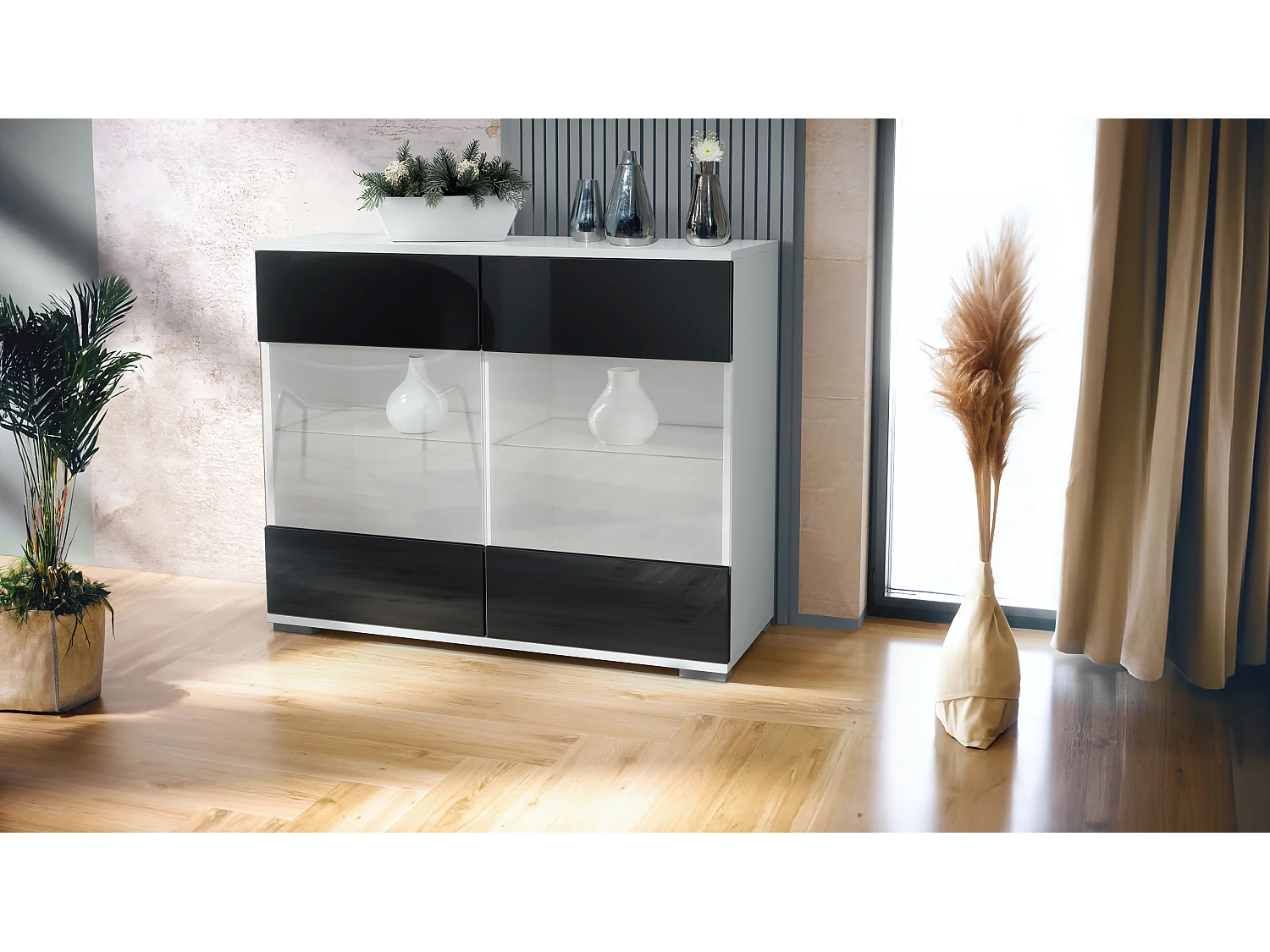 Cassettiera Bari V3, Mobile da cucina moderno con 2 grandi ante in vetro bianco opaco / nero lucido (92,5 x 75.5 x 35)