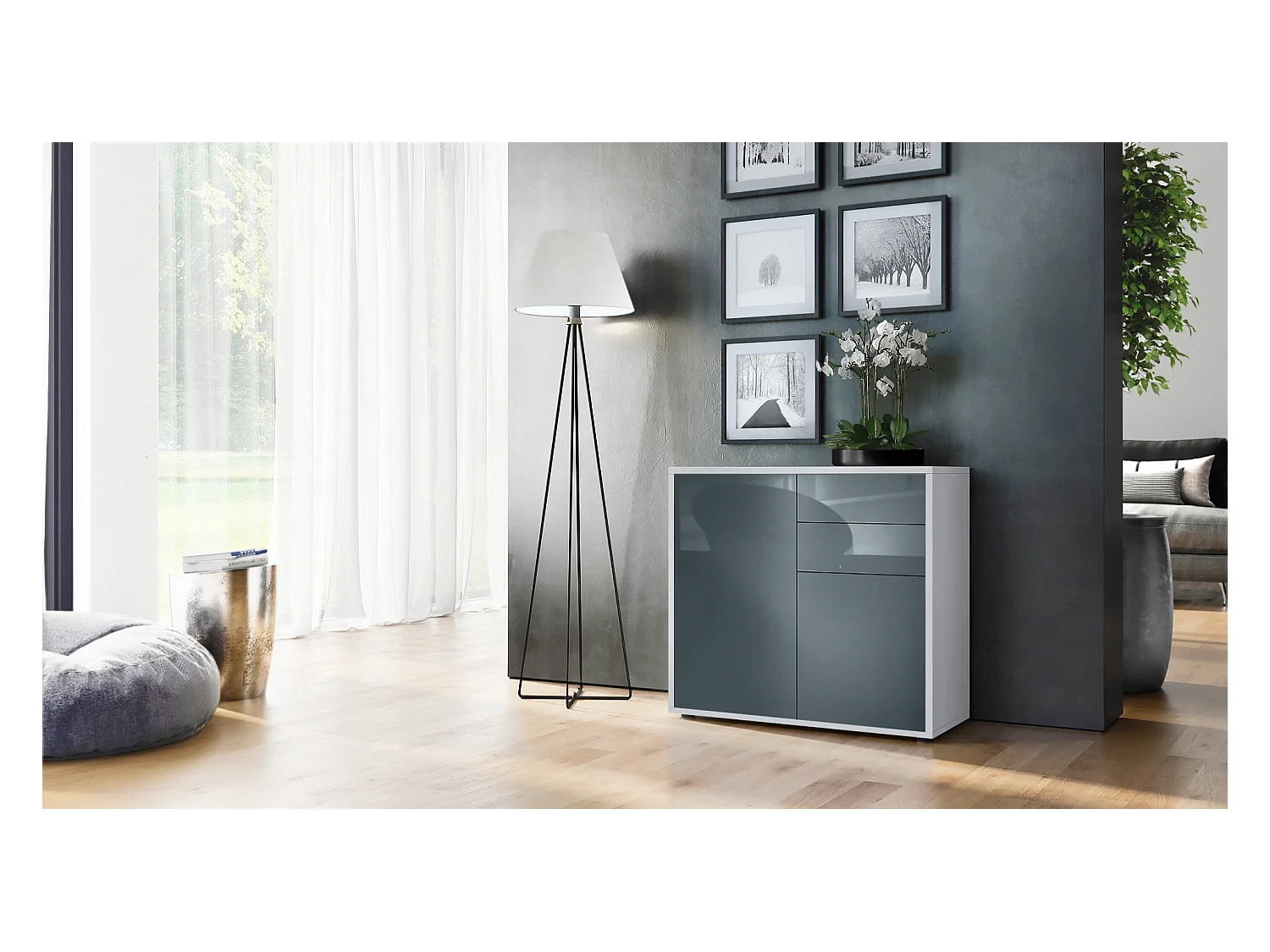 Buffet Ben, Commode avec 2 portes et 2 tiroirs, Blanc mat/Gris haute brillance (79 x 74 x 36 cm)