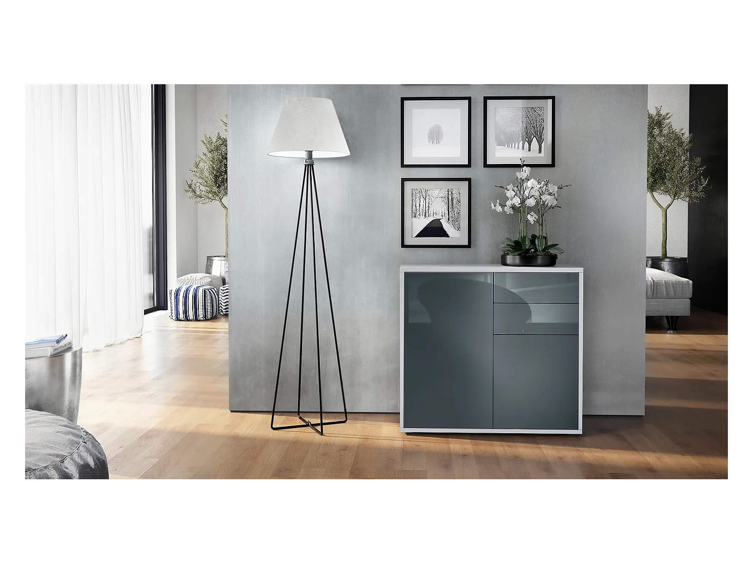 Buffet Ben, Commode avec 2 portes et 2 tiroirs, Blanc mat/Gris haute brillance (79 x 74 x 36 cm)