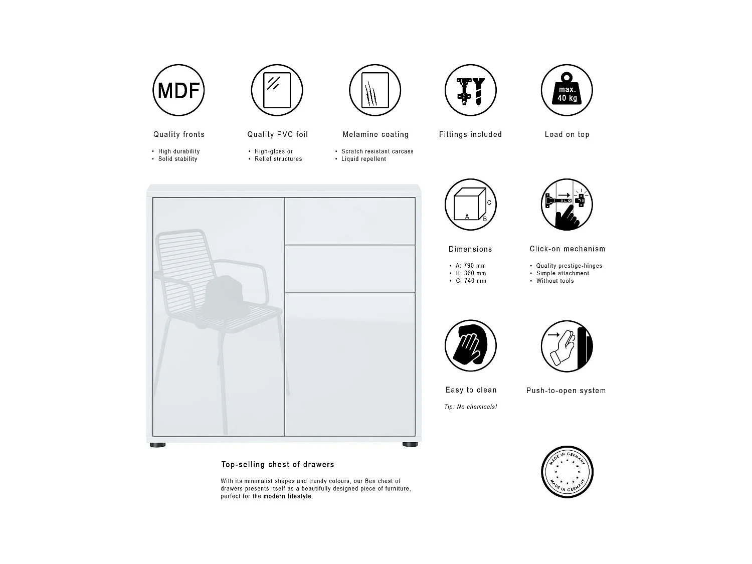 Buffet Ben, Commode avec 2 portes et 2 tiroirs, Blanc mat/Gris haute brillance (79 x 74 x 36 cm)