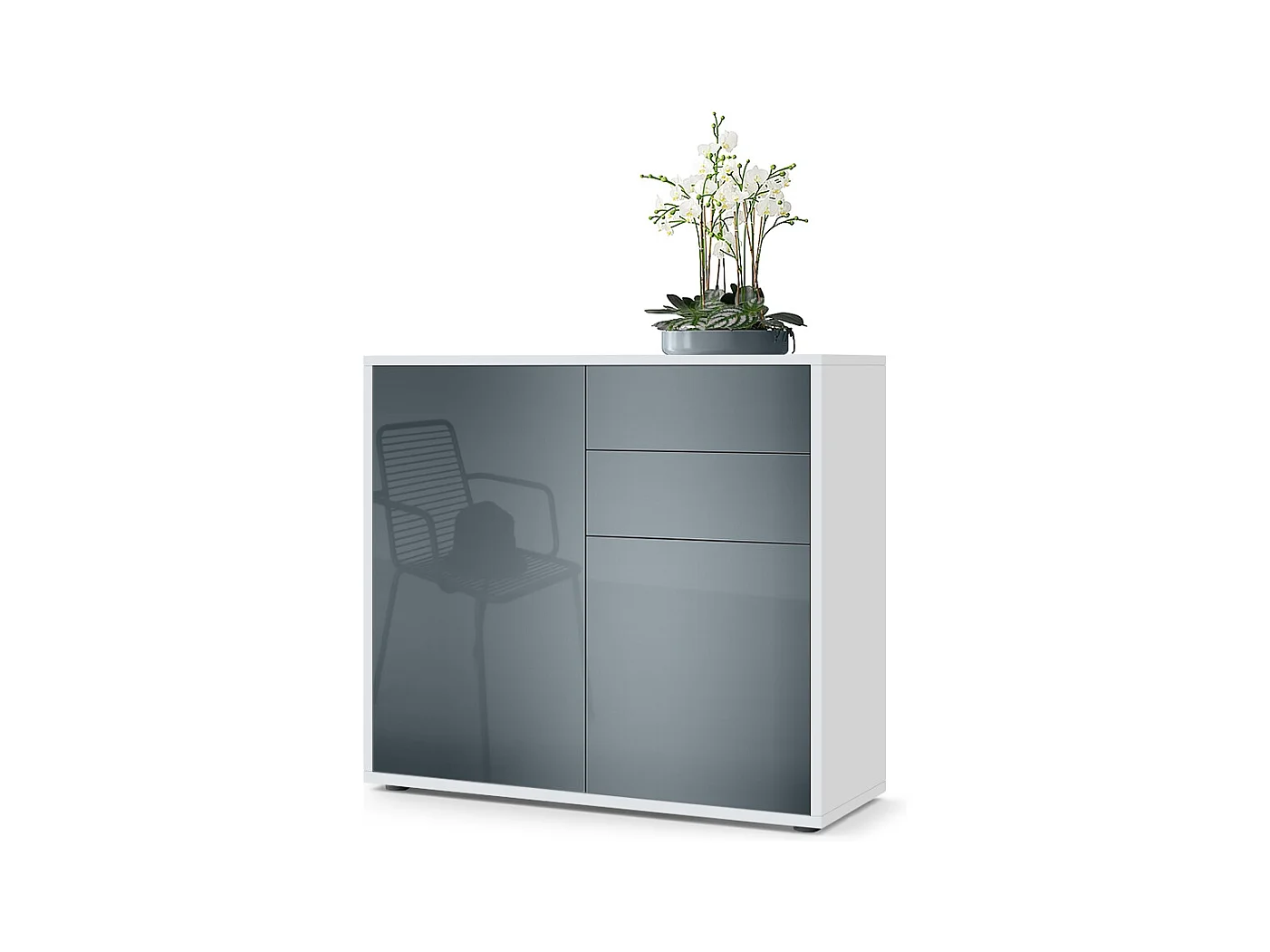 Buffet Ben, Commode avec 2 portes et 2 tiroirs, Blanc mat/Gris haute brillance (79 x 74 x 36 cm)