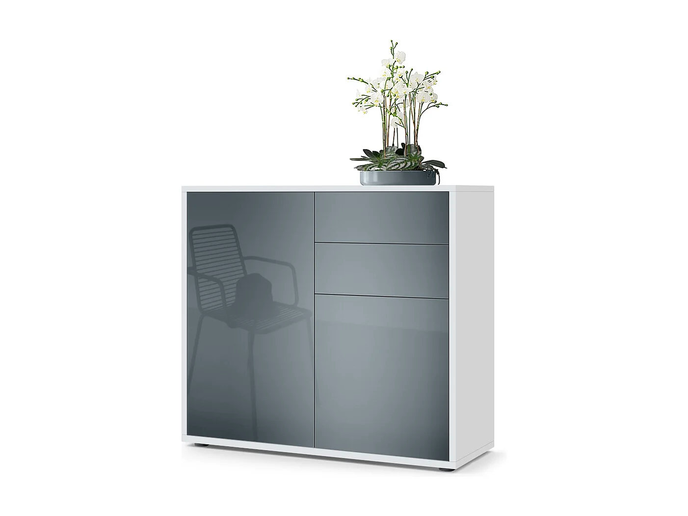 Buffet Ben, Commode avec 2 portes et 2 tiroirs, Blanc mat/Gris haute brillance (79 x 74 x 36 cm)