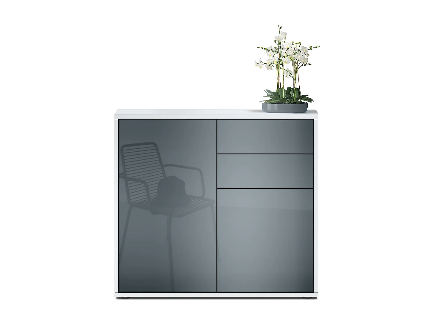 Buffet Ben, Commode avec 2 portes et 2 tiroirs, Blanc mat/Gris haute brillance (79 x 74 x 36 cm)