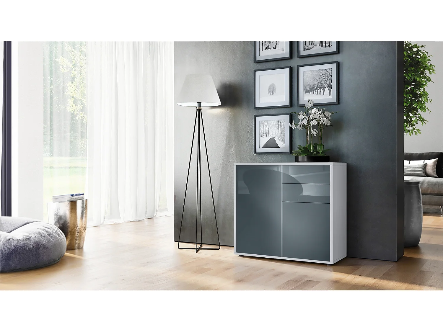 Buffet Ben, Commode avec 2 portes et 2 tiroirs, Blanc mat/Gris haute brillance (79 x 74 x 36 cm)