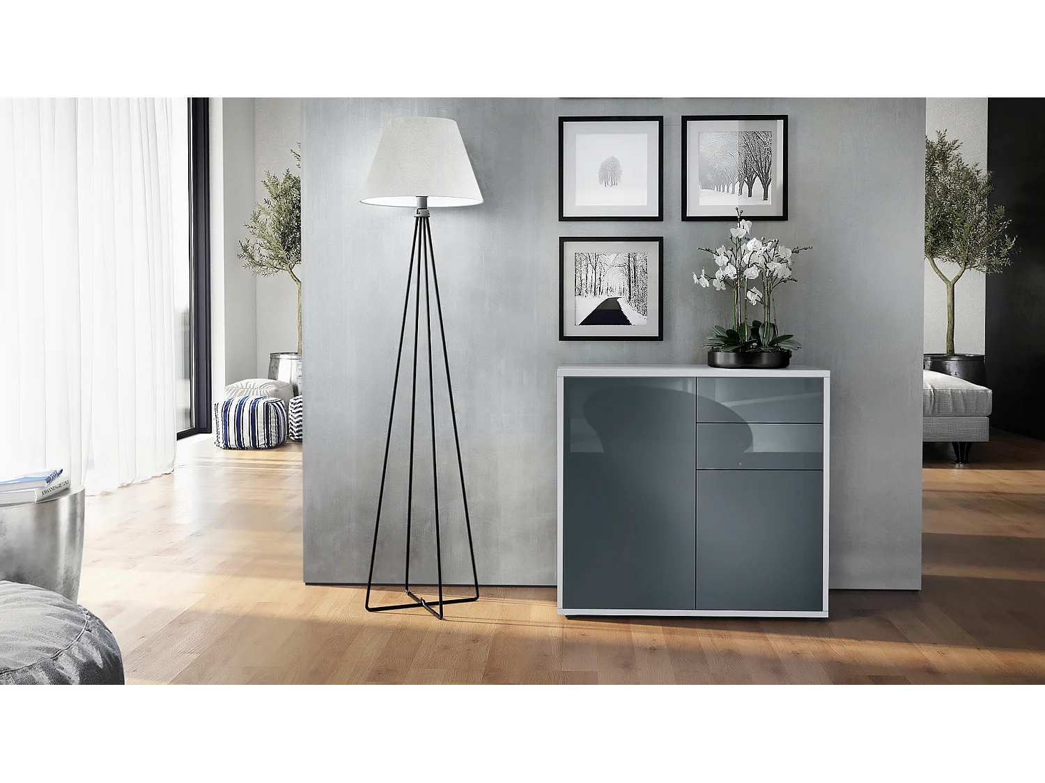 Buffet Ben, Commode avec 2 portes et 2 tiroirs, Blanc mat/Gris haute brillance (79 x 74 x 36 cm)