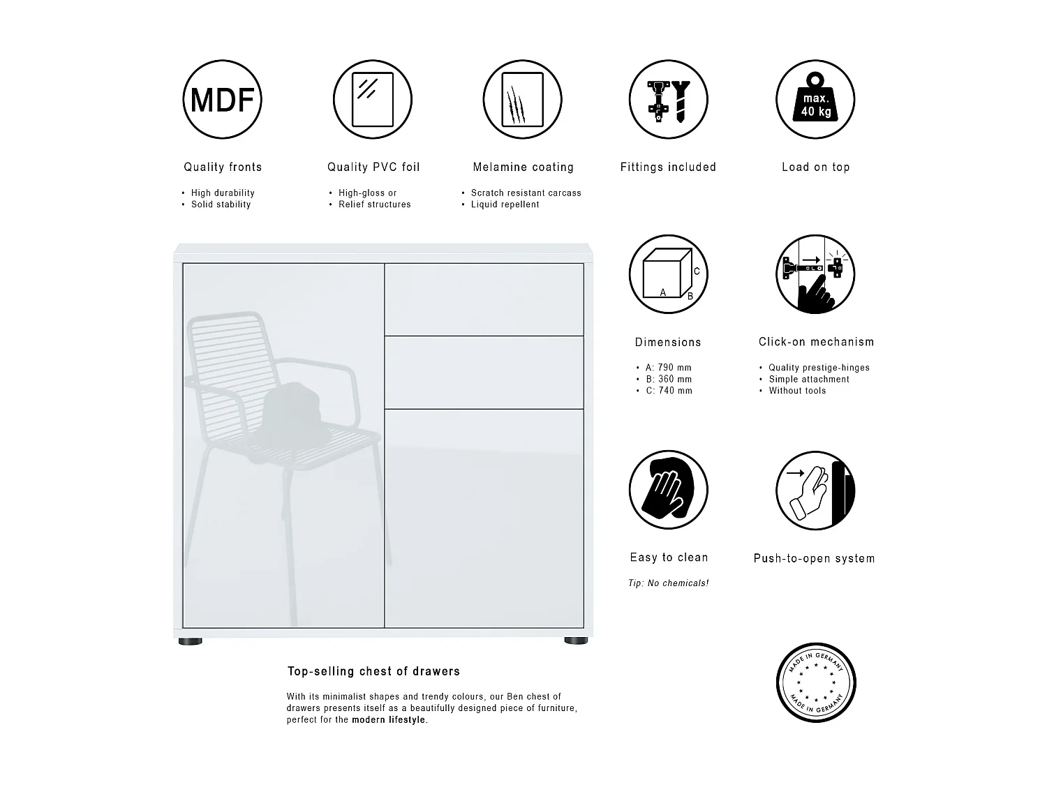 Buffet Ben, Commode avec 2 portes et 2 tiroirs, Blanc mat/Gris haute brillance (79 x 74 x 36 cm)