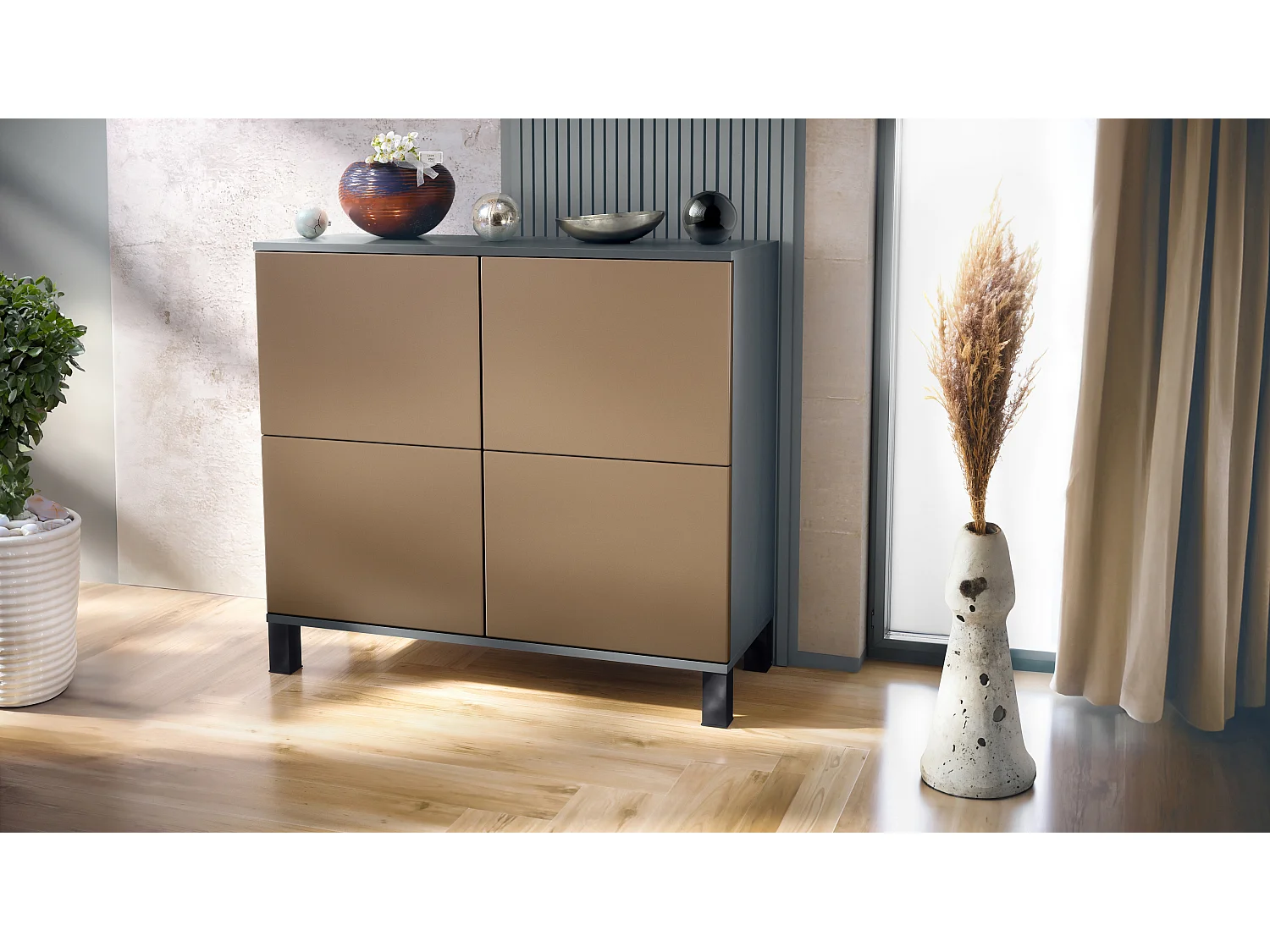 Buffet Rova V3 – Meuble de cuisine moderne avec 4 portes Push-to-Open anthracite mat / aspect bronzé (92,5 x 84.5 x 35)