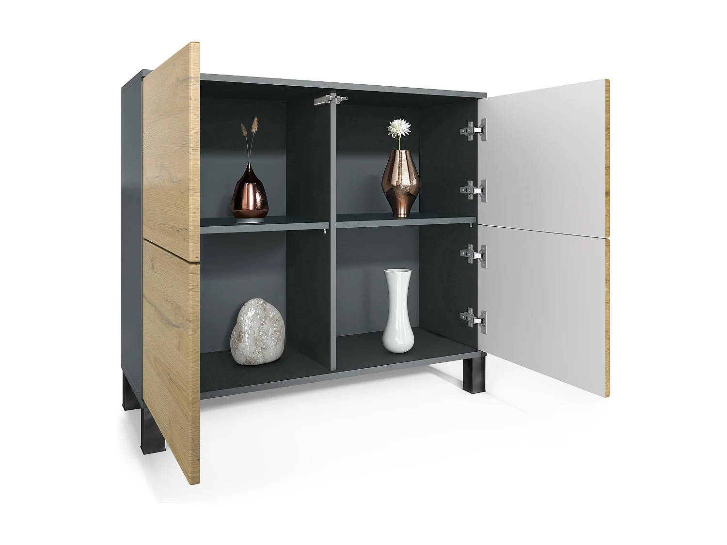 Credenza Rova V3 – Mobile da cucina moderno con 4 ante Push-to-Open antracite opaco  / ottica bronzo (92,5 x 84.5 x 35)
