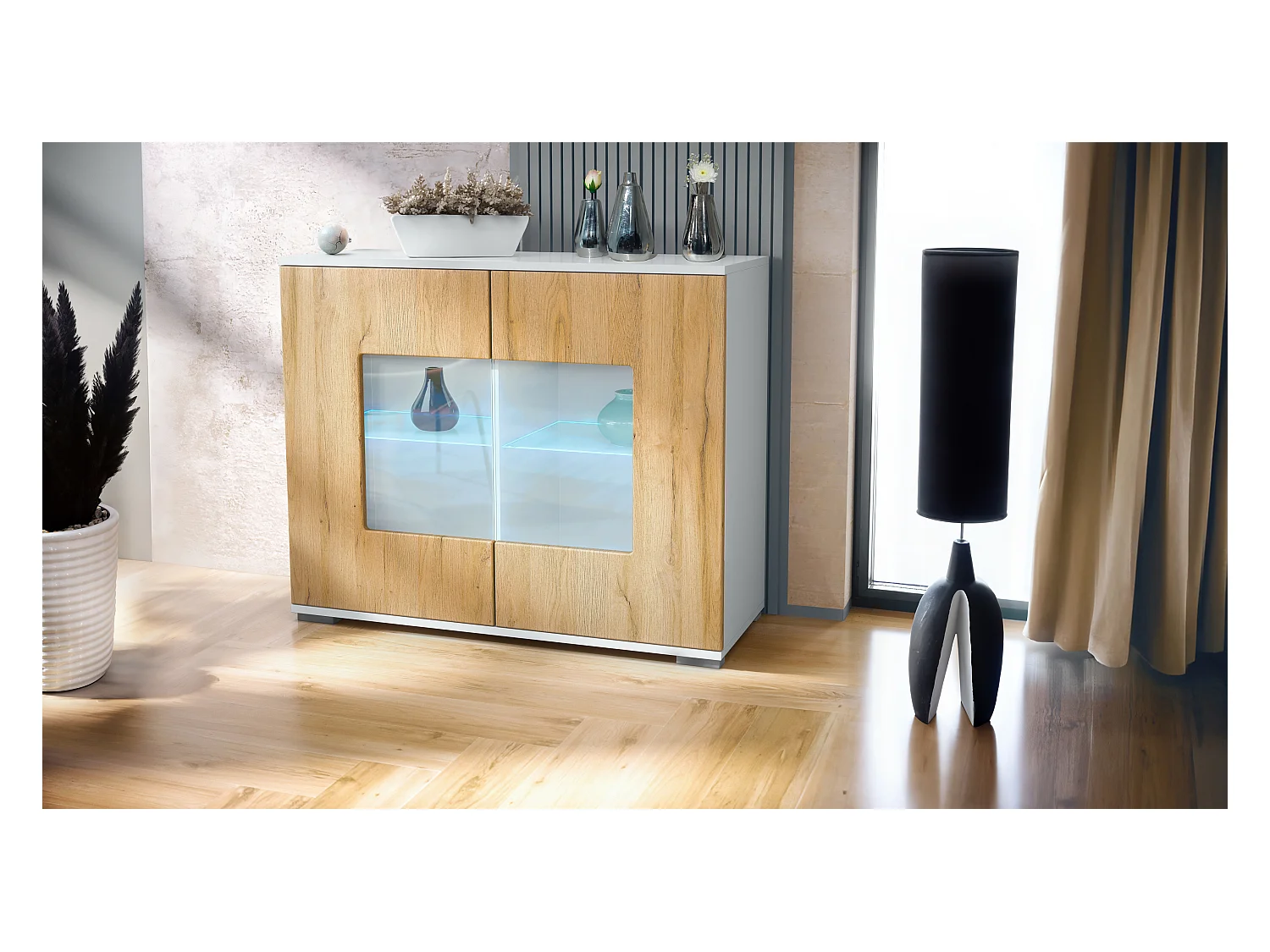 Commode Grömitz V3, Armoire de cuisine moderne avec 2 grandes portes vitrées incl. éclairage RGB blanc mat / chêne nature (92,5 x 75.5 x 35)