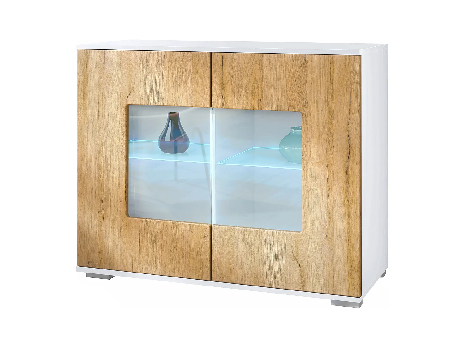 Commode Grömitz V3, Armoire de cuisine moderne avec 2 grandes portes vitrées incl. éclairage RGB blanc mat / chêne nature (92,5 x 75.5 x 35)