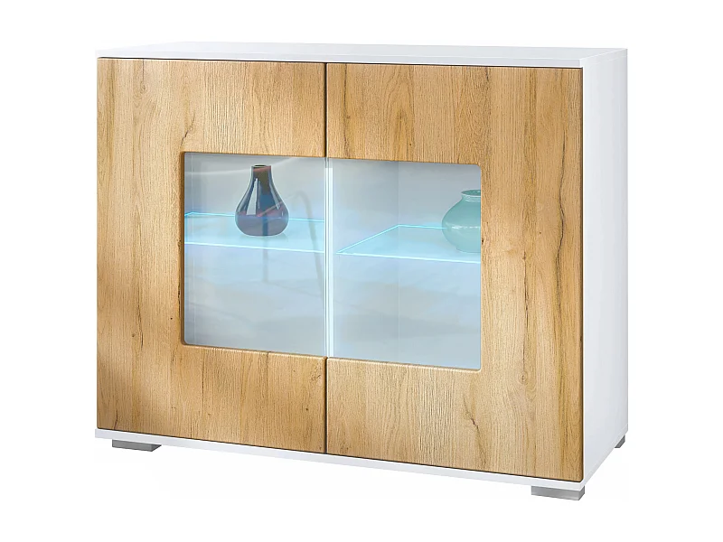 Commode Grömitz V3, Armoire de cuisine moderne avec 2 grandes portes vitrées incl. éclairage RGB blanc mat / chêne nature (92,5 x 75.5 x 35)