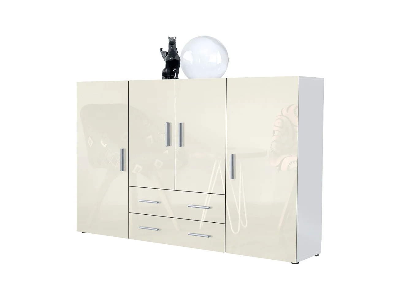 Le Buffet Haut Nora bahut avec 2 tiroirs et 4 portes avec un total de 8 compartiments derrière, blanc mat/crème haute brillance (166,5 x 106,5 x 35 cm)