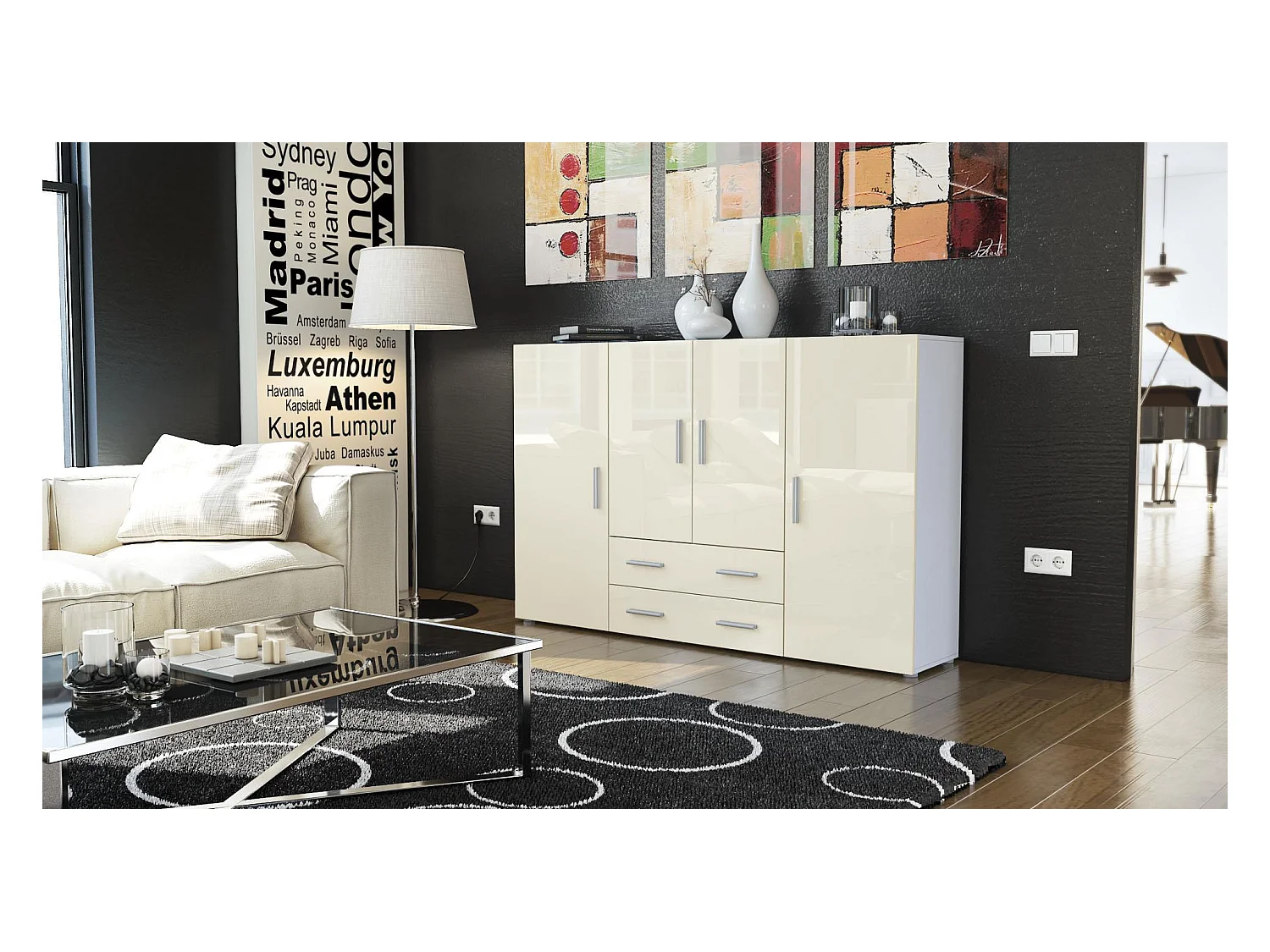 Le Buffet Haut Nora bahut avec 2 tiroirs et 4 portes avec un total de 8 compartiments derrière, blanc mat/crème haute brillance (166,5 x 106,5 x 35 cm)