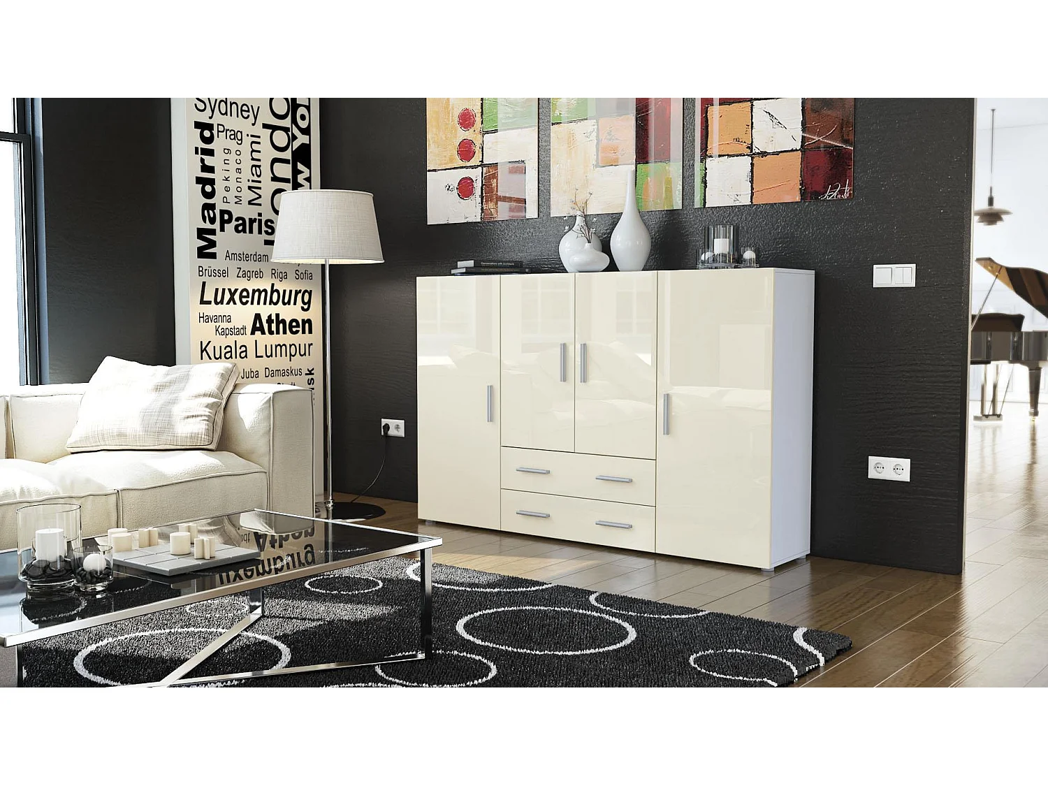 Highboard Nora Sideboard with 2 drawers and 4 doors with a total of 8 compartments behind, bianco opaco/beige lucido (166.5 x 106.5 x 35 cm)