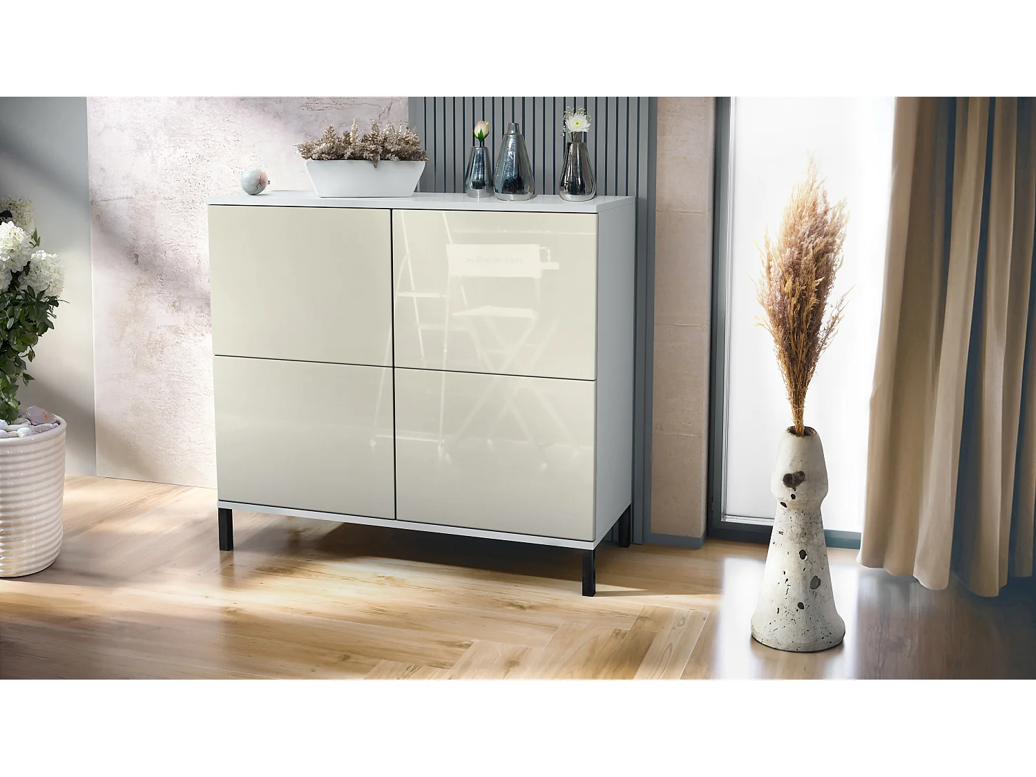 Credenza Rova V3 – Mobile da cucina moderno con 4 ante Push-to-Open bianco opaco / beige lucido (92,5 x 83.5 x 35)