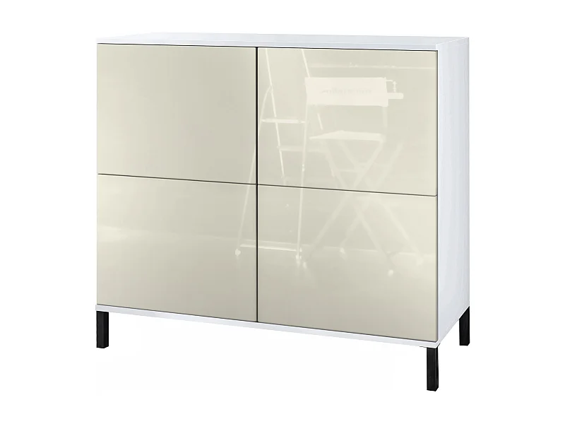 Buffet Rova V3 – Meuble de cuisine moderne avec 4 portes Push-to-Open blanc mat / crème haute brillance (92,5 x 83.5 x 35)