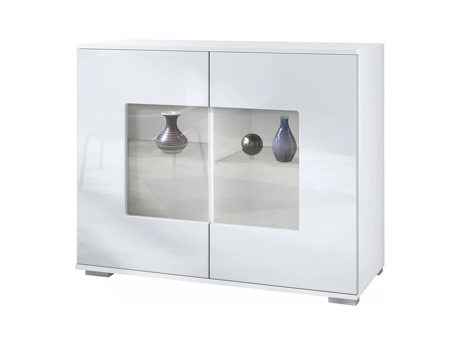 Commode Grömitz V3, Armoire de cuisine moderne avec 2 grandes portes vitrées blanc mat / blanc haute brillance (92,5 x 75.5 x 35)