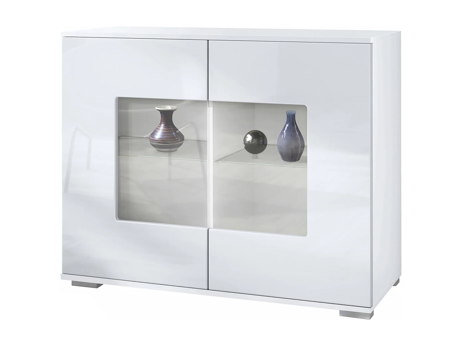 Cassettiera Grömitz V3, Mobile da cucina moderno con 2 grandi ante in vetro bianco opaco / bianco lucido (92,5 x 75.5 x 35)