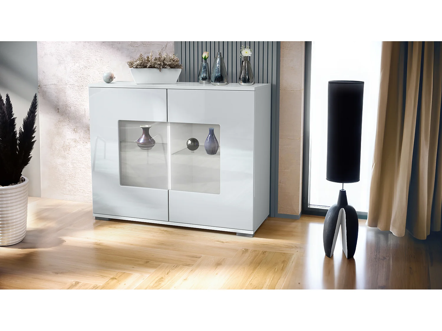 Cassettiera Grömitz V3, Mobile da cucina moderno con 2 grandi ante in vetro bianco opaco / bianco lucido (92,5 x 75.5 x 35)