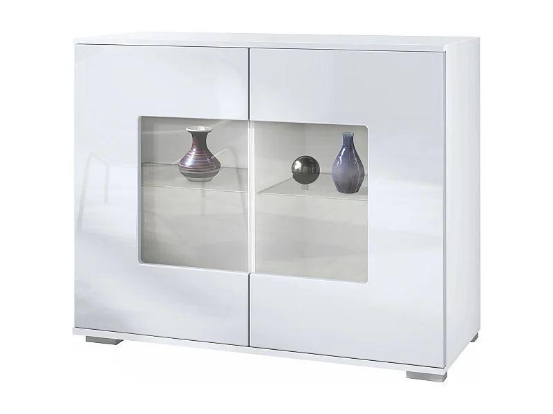 Commode Grömitz V3, Armoire de cuisine moderne avec 2 grandes portes vitrées blanc mat / blanc haute brillance (92,5 x 75.5 x 35)