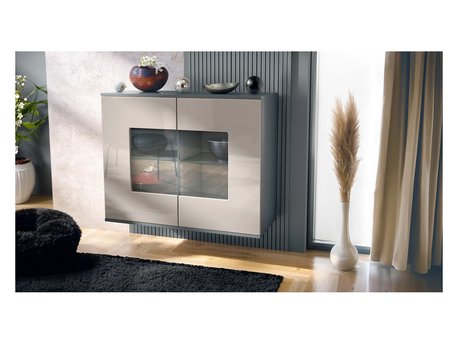 Commode Grömitz V3, Armoire de cuisine moderne avec 2 grandes portes vitrées anthracite mat / gris sable haute brillance (92,5 x 73.5 x 35)