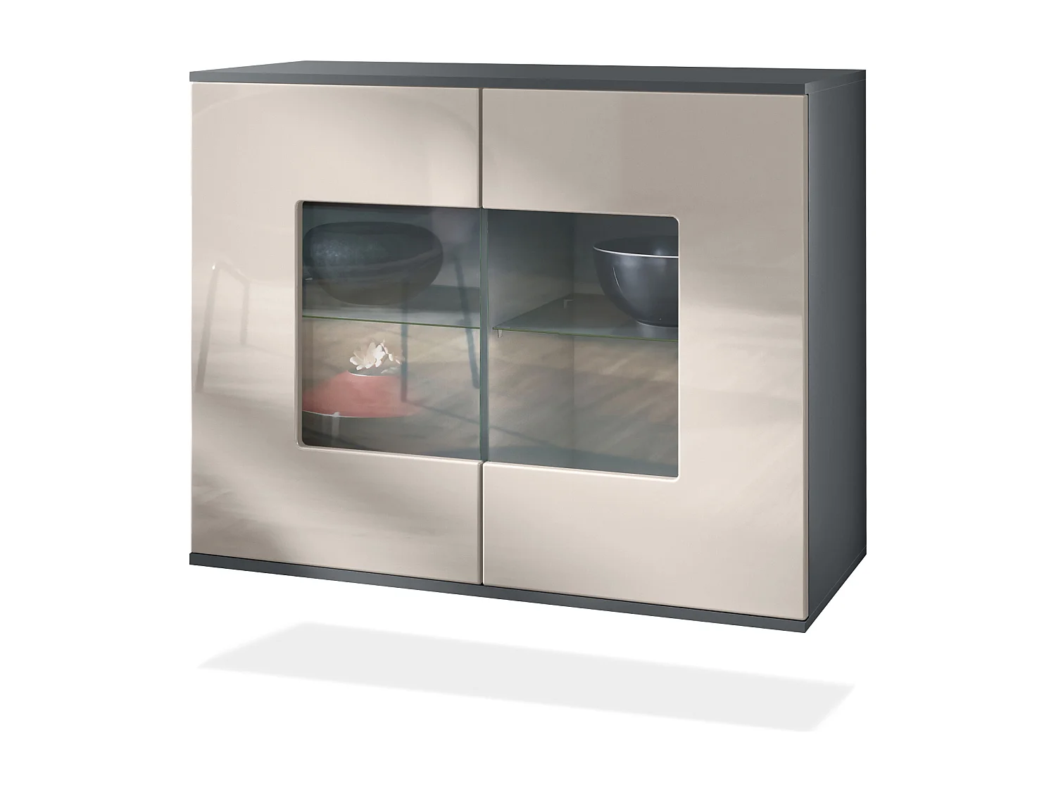 Cómoda Grömitz V3, Moderno armario de cocina con 2 grandes puertas de cristal antracita mate / gris arena de alto brillo (92,5 x 73.5 x 35)