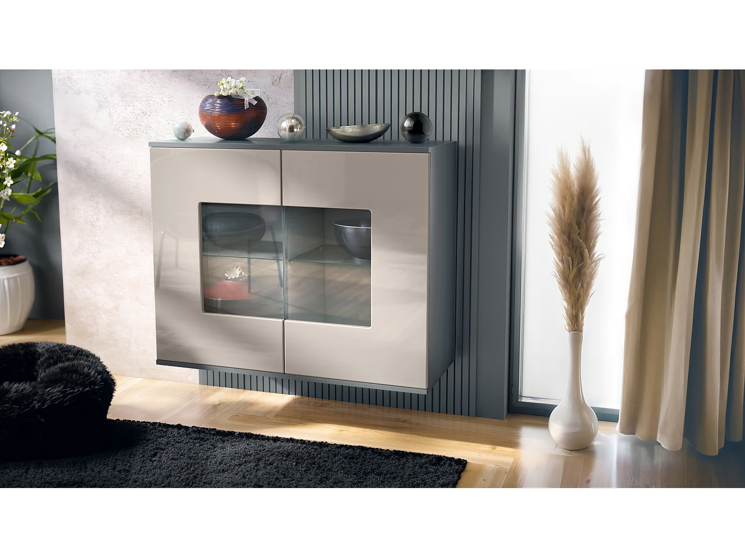 Cómoda Grömitz V3, Moderno armario de cocina con 2 grandes puertas de cristal antracita mate / gris arena de alto brillo (92,5 x 73.5 x 35)