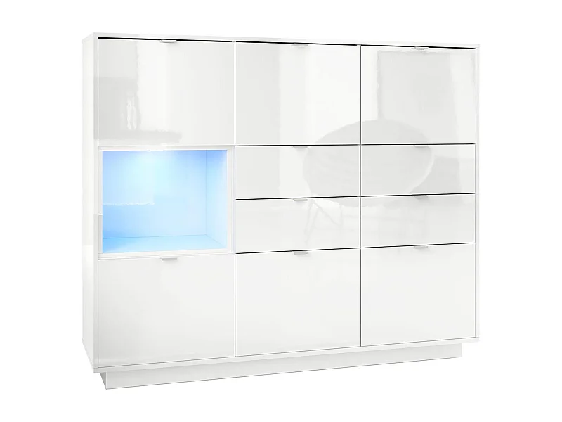 Buffet haut Armoire Metro V2, Corps en Blanc haute brillance / Façades en Blanc haute brillance avec une insertion en Blanc haute brillance, incl. L'éclairage LED