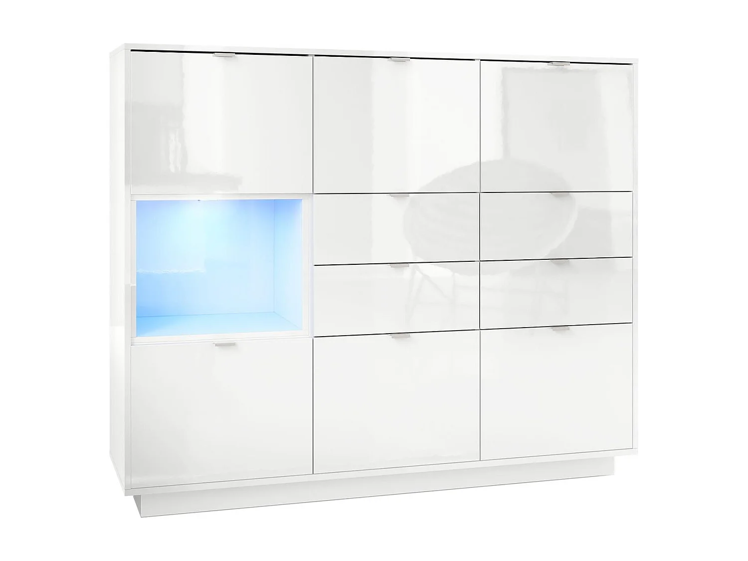 Buffet haut Armoire Metro V2, Corps en Blanc haute brillance / Façades en Blanc haute brillance avec une insertion en Blanc haute brillance, incl. L'éclairage LED