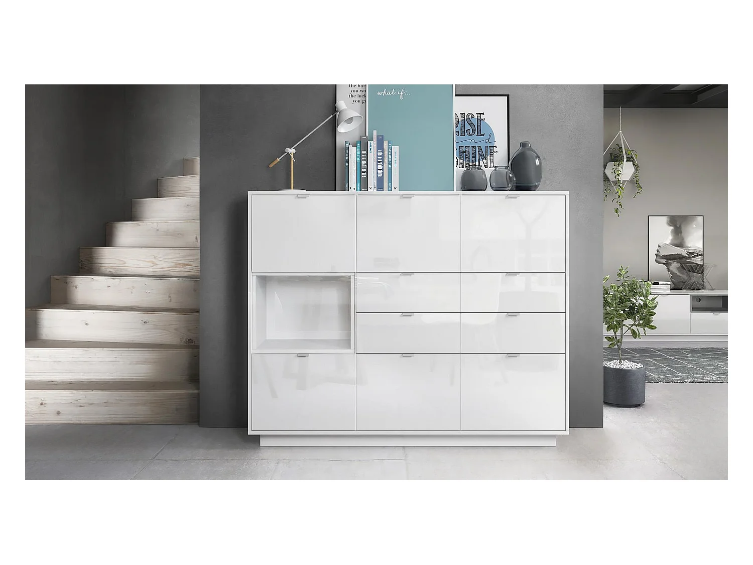 Buffet haut Armoire Metro V2, Corps en Blanc haute brillance / Façades en Blanc haute brillance avec une insertion en Blanc haute brillance, incl. L'éclairage LED