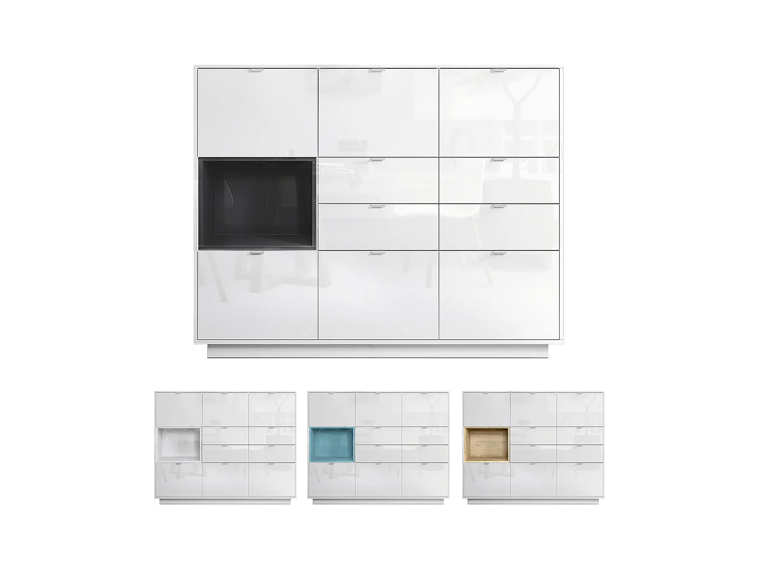 Buffet haut Armoire Metro V2, Corps en Blanc haute brillance / Façades en Blanc haute brillance avec une insertion en Blanc haute brillance, incl. L'éclairage LED