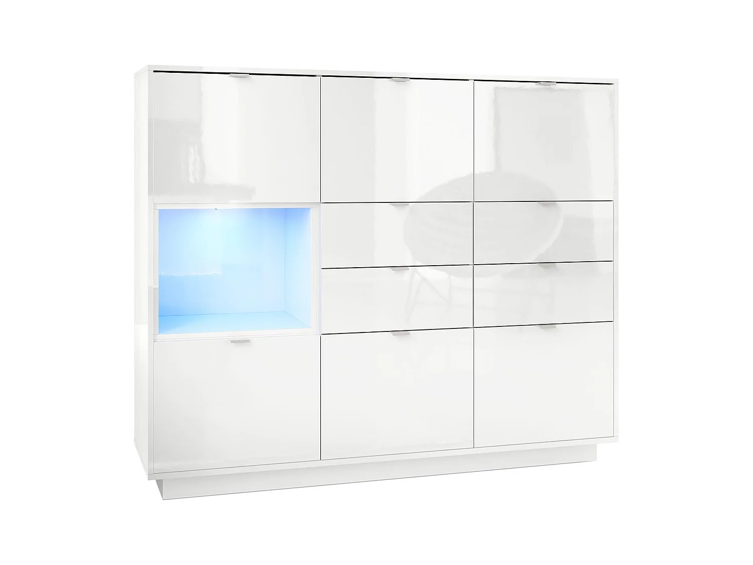 Buffet haut Armoire Metro V2, Corps en Blanc haute brillance / Façades en Blanc haute brillance avec une insertion en Blanc haute brillance, incl. L'éclairage LED