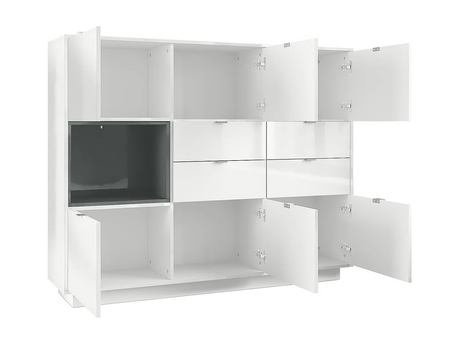 Madia Metro V2, struttura in bianco lucido / frontale in bianco lucido con inserto in bianco lucido, illuminazione a LED inclusa.