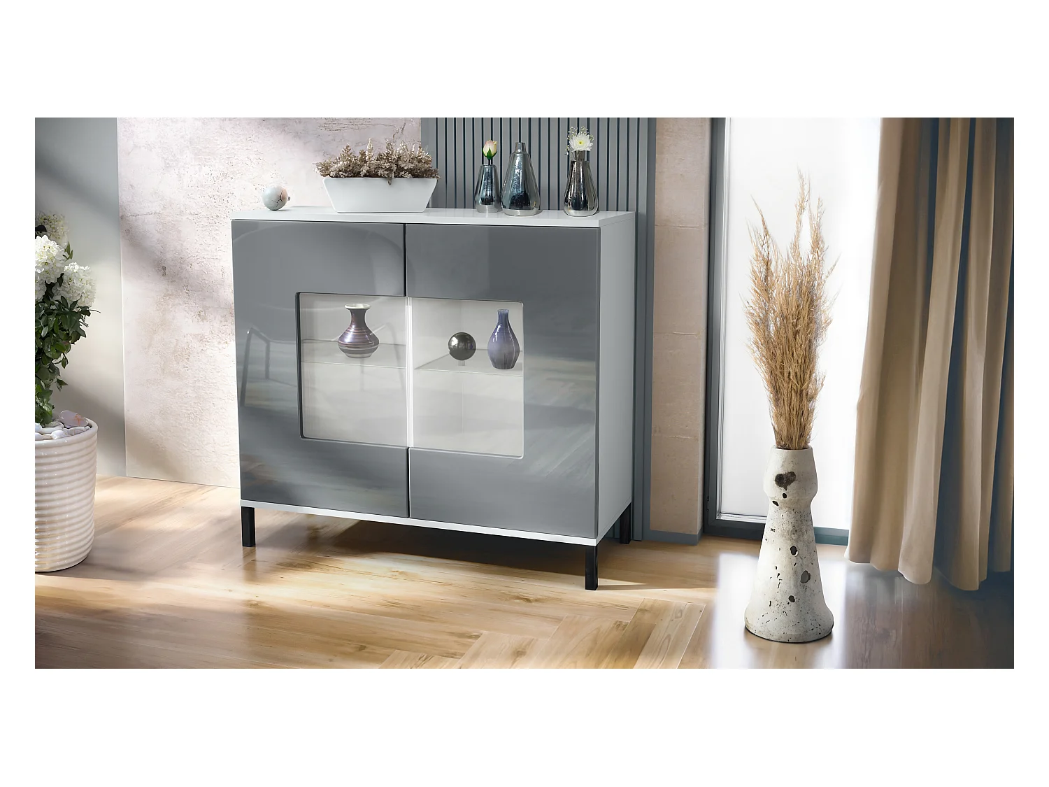 Commode Grömitz V3, Armoire de cuisine moderne avec 2 grandes portes vitrées blanc mat / gris haute brillance (92,5 x 83.5 x 35)