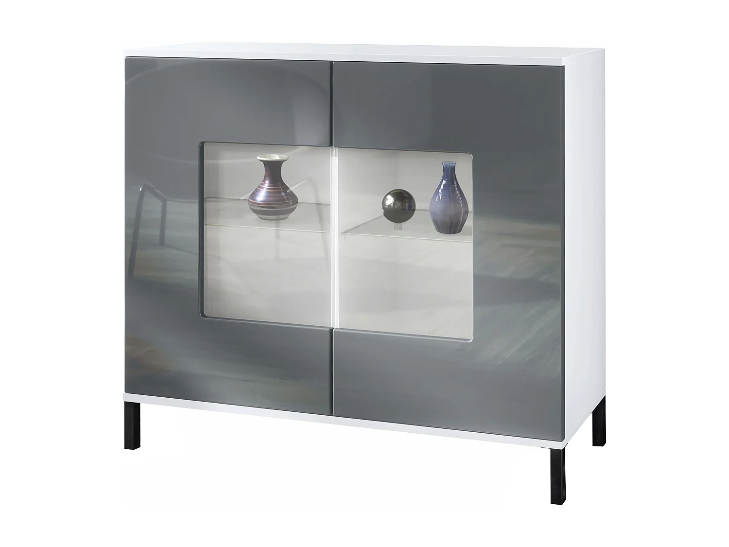 Commode Grömitz V3, Armoire de cuisine moderne avec 2 grandes portes vitrées blanc mat / gris haute brillance (92,5 x 83.5 x 35)