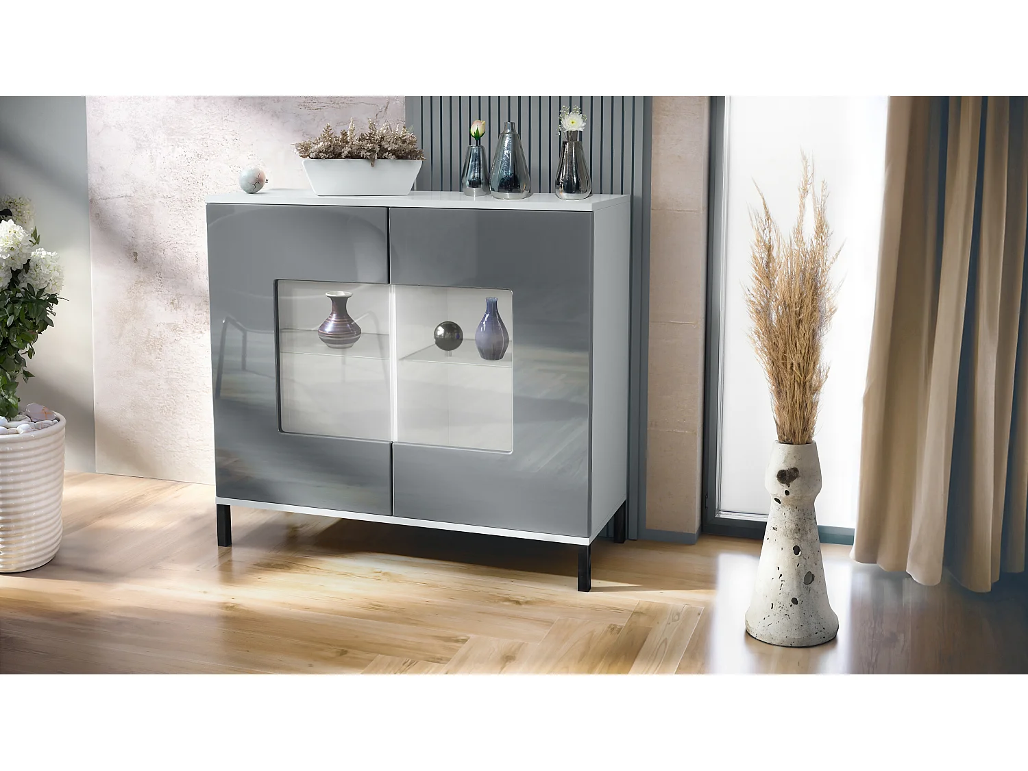 Commode Grömitz V3, Armoire de cuisine moderne avec 2 grandes portes vitrées blanc mat / gris haute brillance (92,5 x 83.5 x 35)