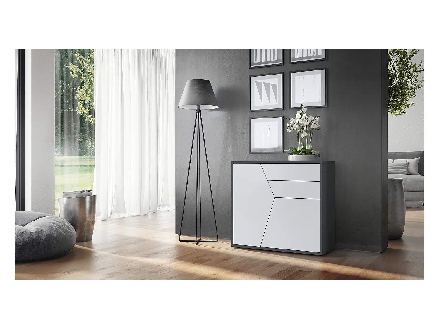 Buffet Benny, Commode avec 2 portes et 2 tiroirs, Noir mat/Blanc mat (79 x 74 x 36 cm)
