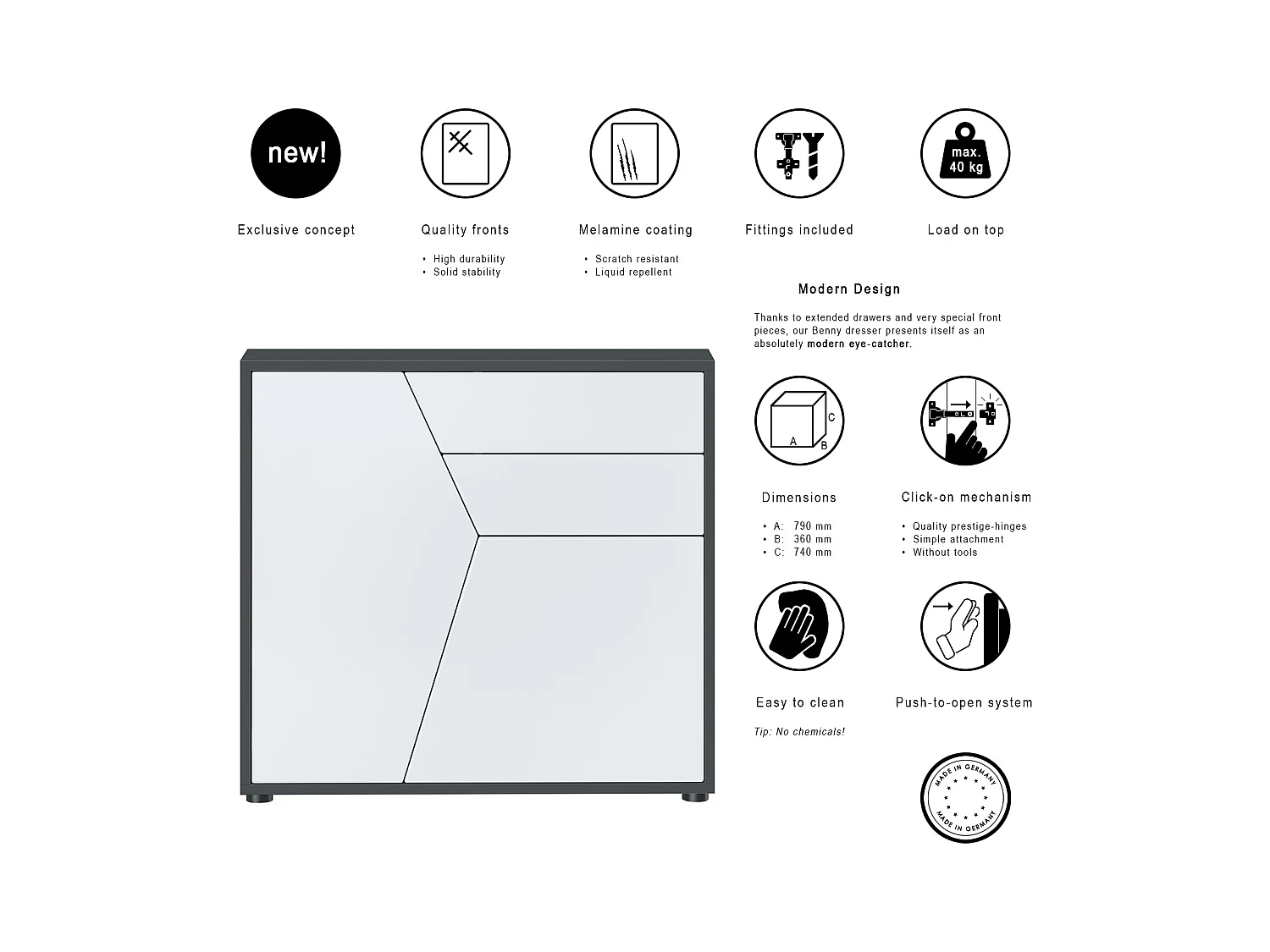 Buffet Benny, Commode avec 2 portes et 2 tiroirs, Noir mat/Blanc mat (79 x 74 x 36 cm)