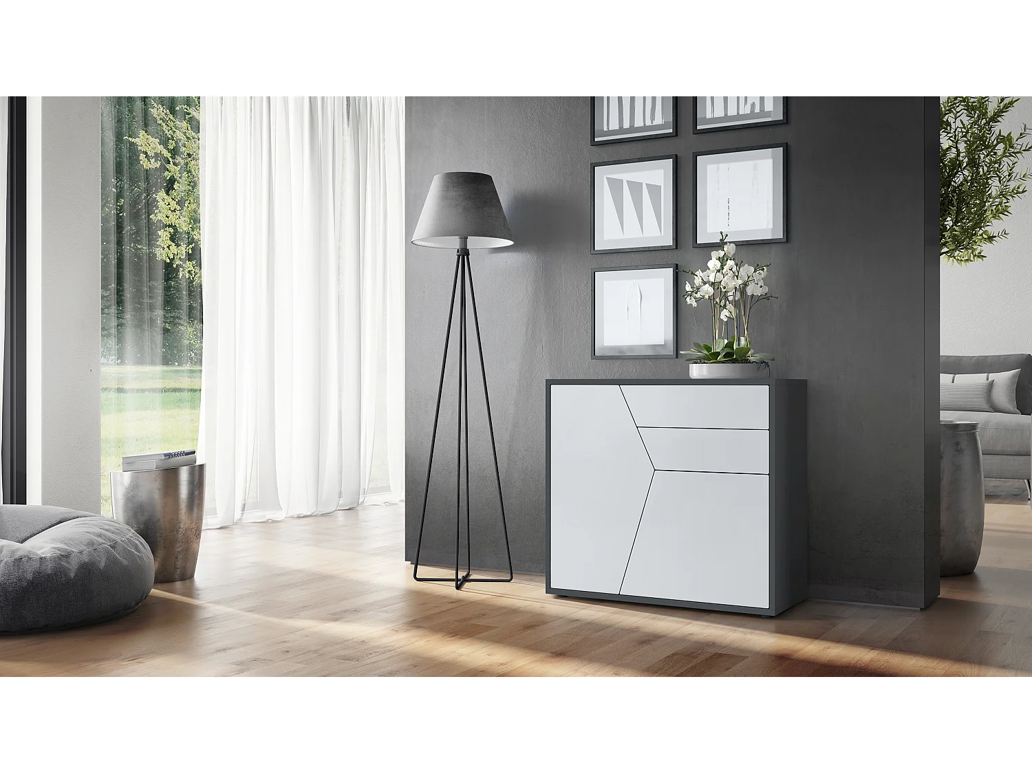 Buffet Benny, Commode avec 2 portes et 2 tiroirs, Noir mat/Blanc mat (79 x 74 x 36 cm)