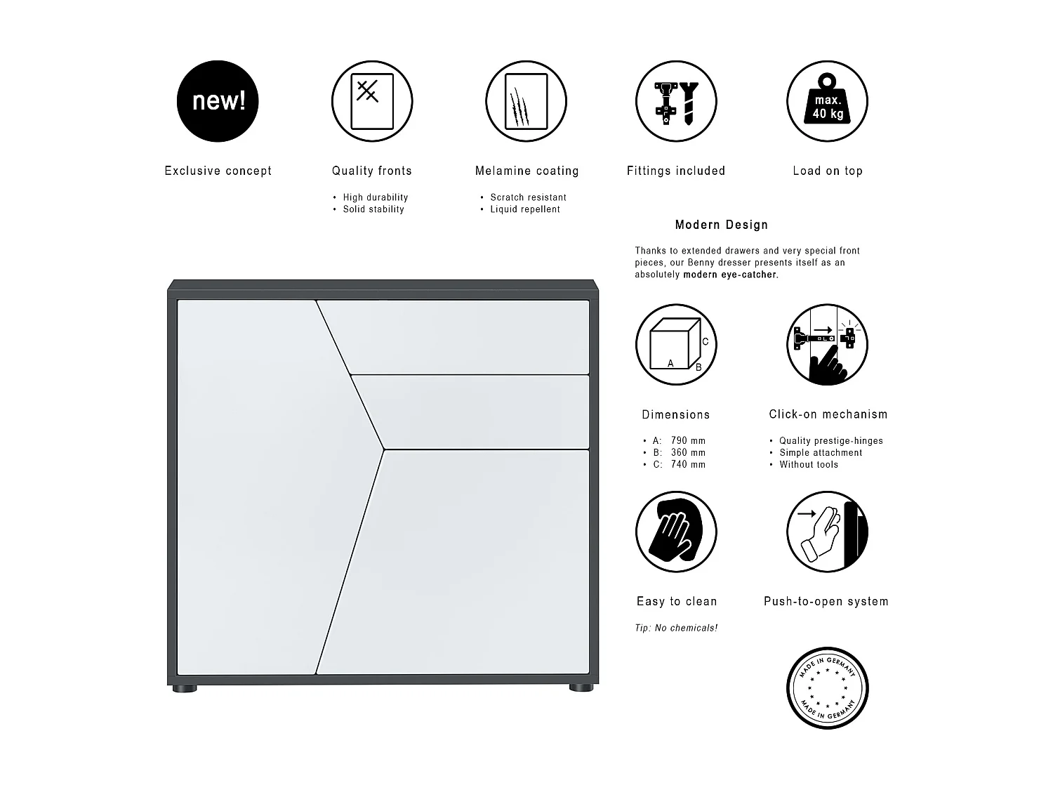 Buffet Benny, Commode avec 2 portes et 2 tiroirs, Noir mat/Blanc mat (79 x 74 x 36 cm)