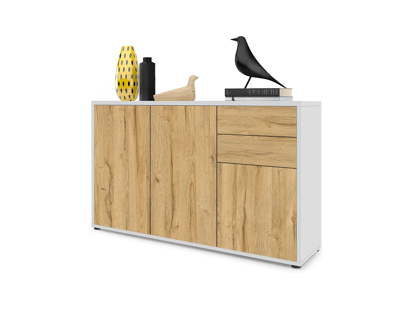 Buffet Ben V3, Commode avec 3 portes et 2 tiroirs, Blanc mat/Chêne Nature (117 x 74 x 36 cm)