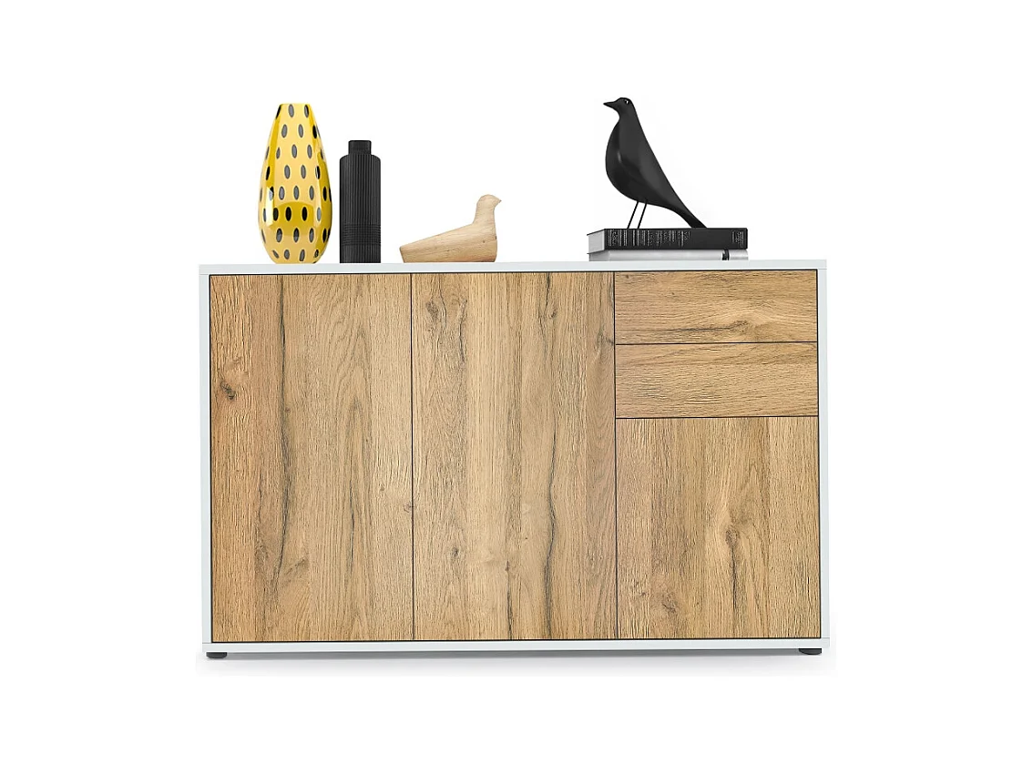 Buffet Ben V3, Commode avec 3 portes et 2 tiroirs, Blanc mat/Chêne Nature (117 x 74 x 36 cm)