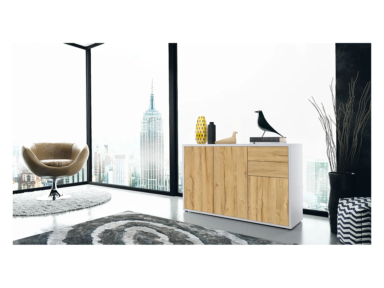 Buffet Ben V3, Commode avec 3 portes et 2 tiroirs, Blanc mat/Chêne Nature (117 x 74 x 36 cm)